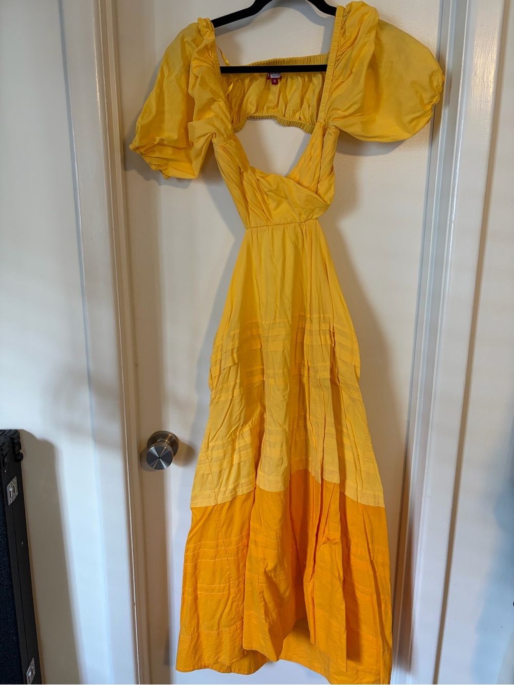 STAUD Yellow Two-Tone Tiered Maxi Dress with Puff Sleeves
